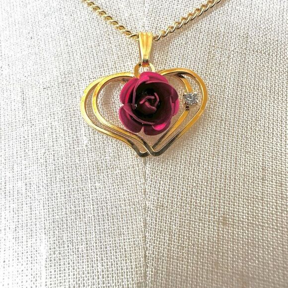The Marquis Collection gold tone heart pendant with red rose necklace and earrin - Picture 5 of 15